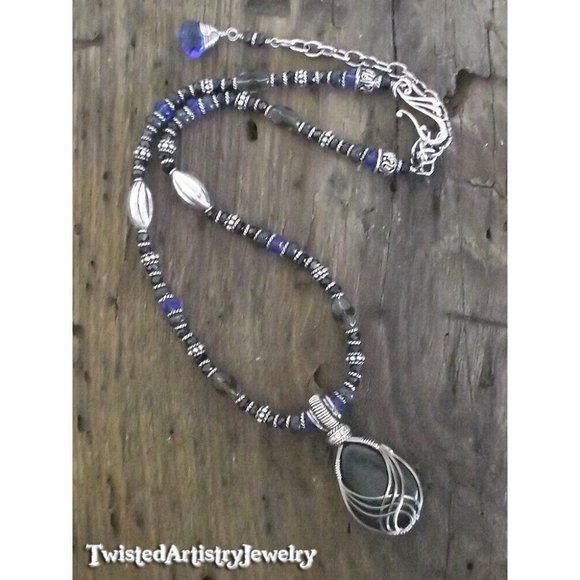 Beaded Necklace with Blue Jasper Wire Wrapped Pendant Handmade - Picture 3 of 3